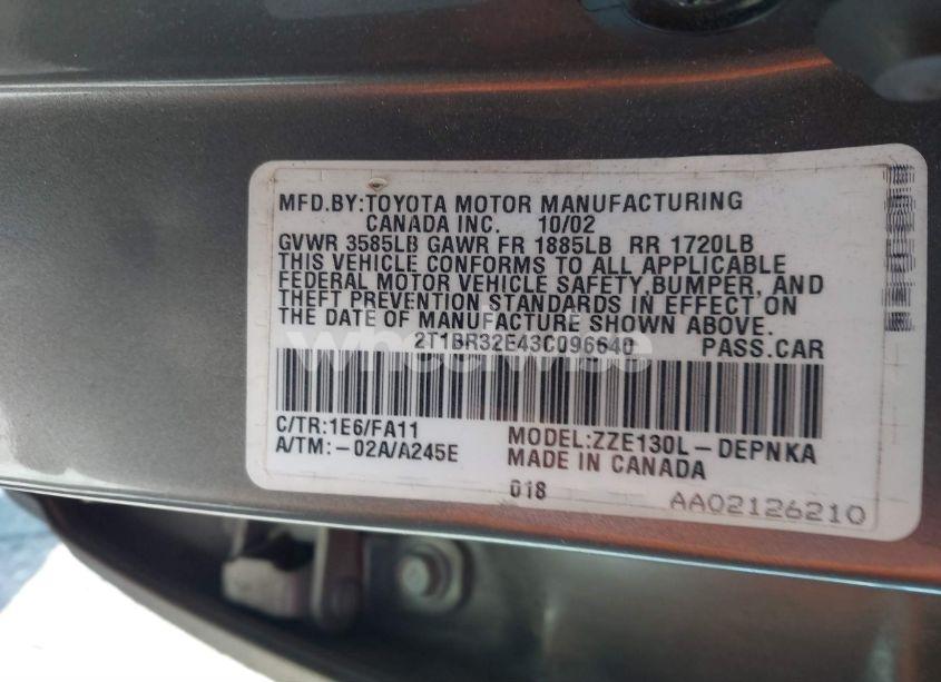 Photo 9 of 2003 Toyota Corolla LE (VIN 2T1BR32E43C096640)