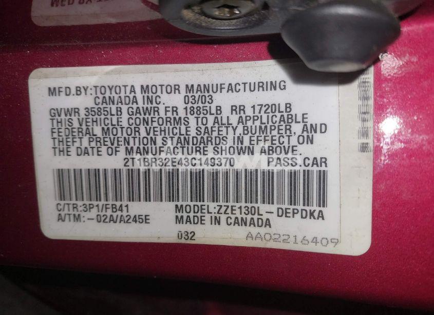 Photo 9 of 2003 Toyota Corolla CE (VIN 2T1BR32E43C149370)