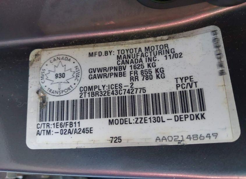 Photo 9 of 2003 Toyota Corolla CE/LE/SPORT (VIN 2T1BR32E43C742775)