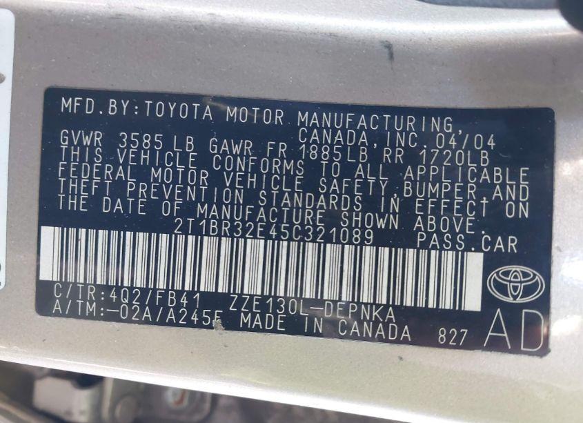 Photo 9 of 2005 Toyota Corolla LE (VIN 2T1BR32E45C321089)