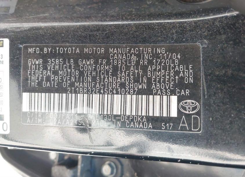 Photo 9 of 2005 Toyota Corolla CE (VIN 2T1BR32E45C410287)