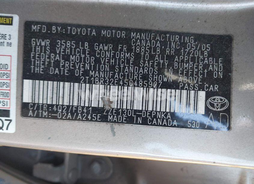 Photo 9 of 2005 Toyota Corolla LE (VIN 2T1BR32E45C485927)