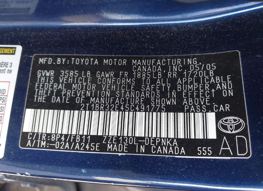 Photo 9 of 2005 Toyota Corolla LE (VIN 2T1BR32E45C491775)