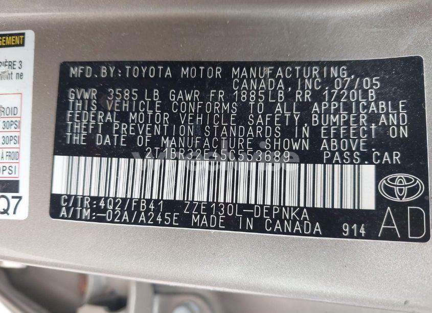 Photo 9 of 2005 Toyota Corolla LE (VIN 2T1BR32E45C553689)