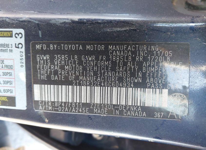 Photo 9 of 2006 Toyota Corolla LE (VIN 2T1BR32E46C604934)