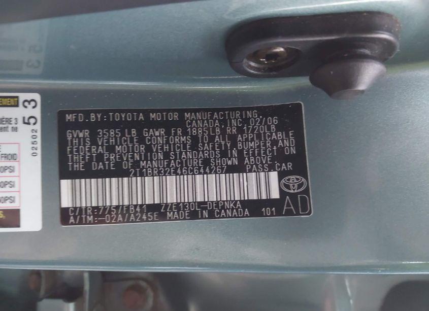 Photo 9 of 2006 Toyota Corolla LE (VIN 2T1BR32E46C644267)