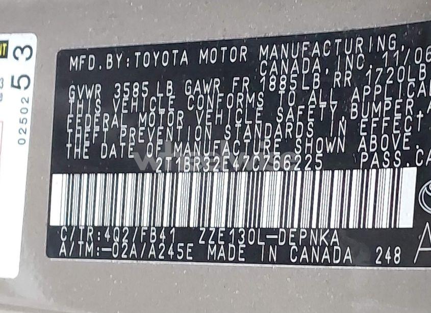 Photo 9 of 2007 Toyota Corolla LE (VIN 2T1BR32E47C766225)