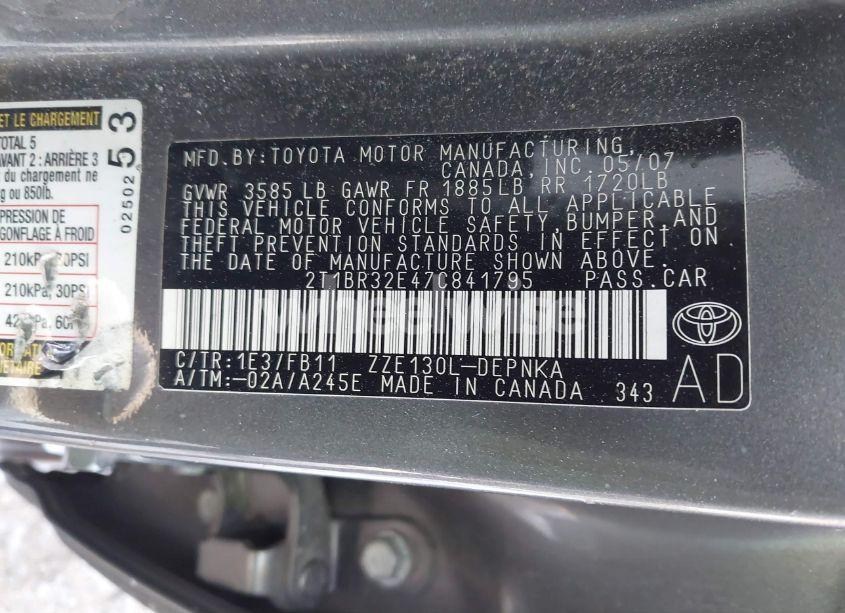 Photo 9 of 2007 Toyota Corolla LE (VIN 2T1BR32E47C841795)