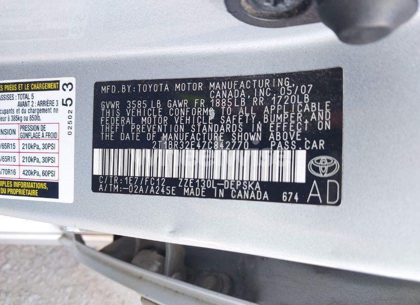 Photo 9 of 2007 Toyota Corolla S (VIN 2T1BR32E47C842770)