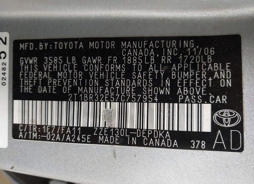 Photo 9 of 2007 Toyota Corolla CE (VIN 2T1BR32E57C757954)