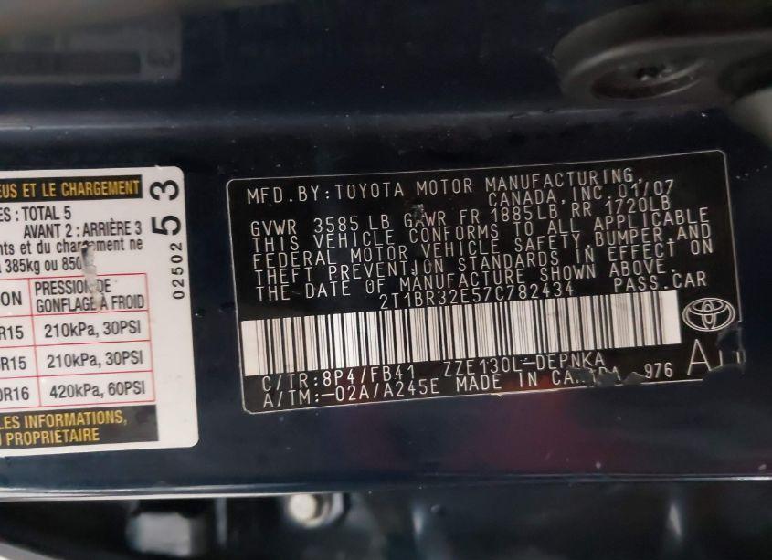 Photo 9 of 2007 Toyota Corolla LE (VIN 2T1BR32E57C782434)