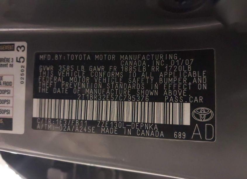 Photo 9 of 2007 Toyota Corolla LE (VIN 2T1BR32E57C795376)