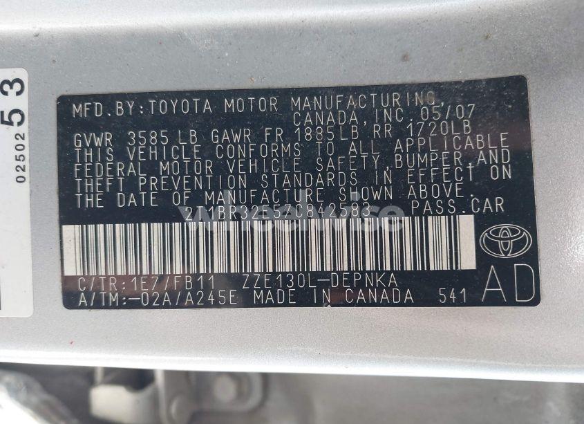 Photo 9 of 2007 Toyota Corolla LE (VIN 2T1BR32E57C842583)