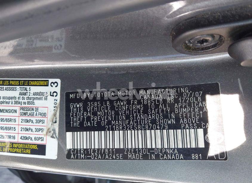 Photo 9 of 2008 Toyota Corolla LE (VIN 2T1BR32E58C870479)