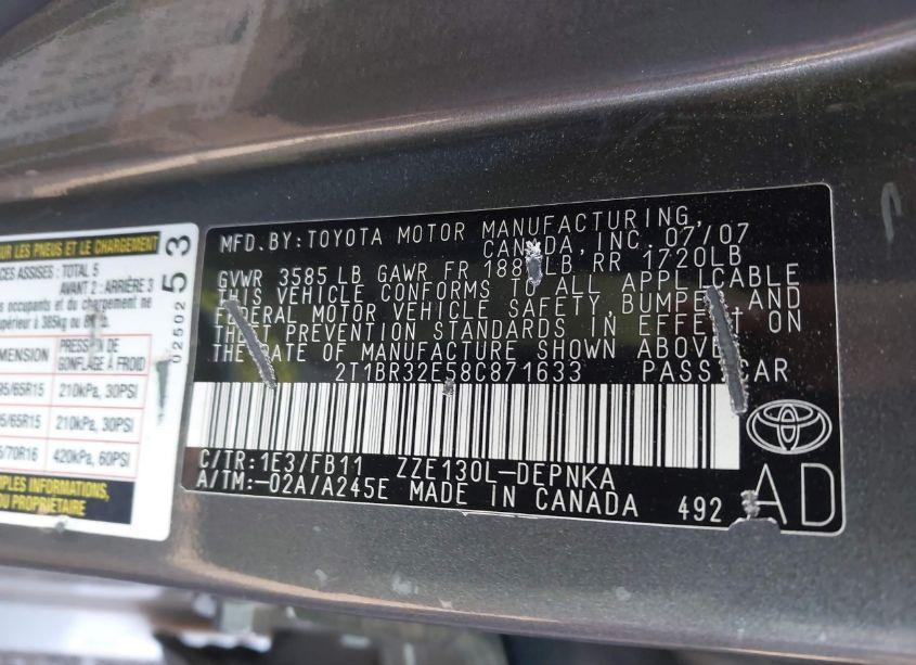 Photo 9 of 2008 Toyota Corolla LE (VIN 2T1BR32E58C871633)