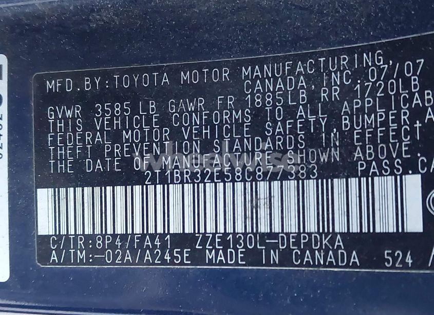 Photo 9 of 2008 Toyota Corolla CE (VIN 2T1BR32E58C877383)