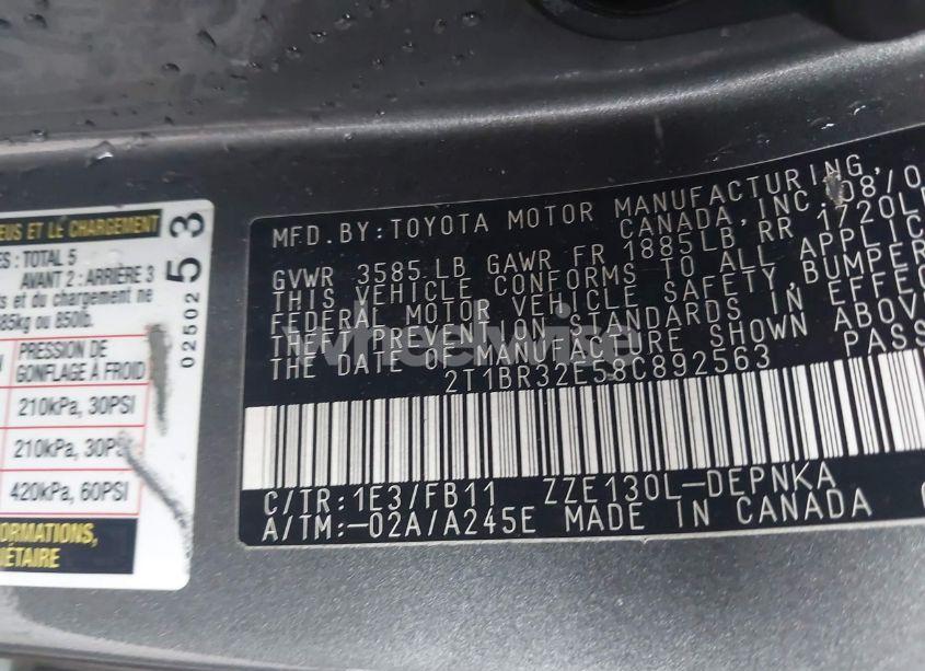 Photo 9 of 2008 Toyota Corolla LE (VIN 2T1BR32E58C892563)