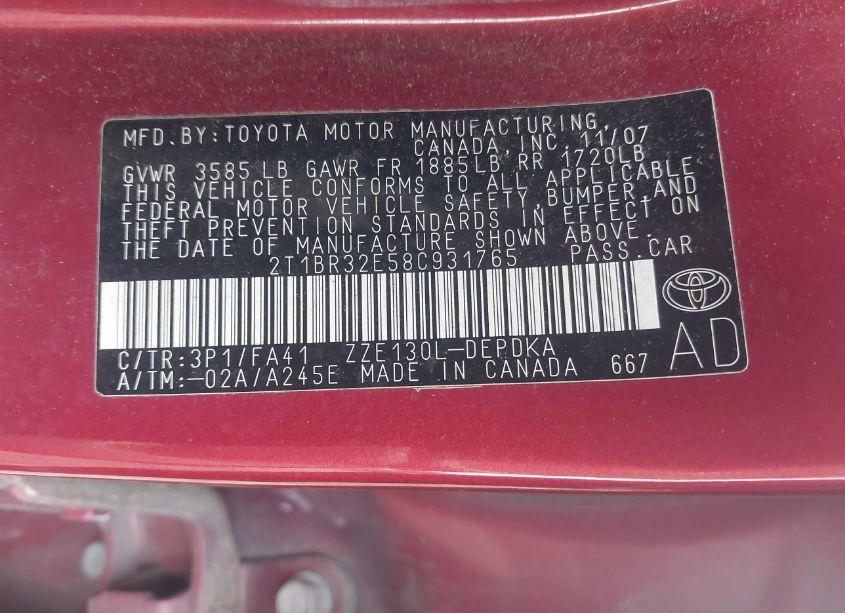 Photo 9 of 2008 Toyota Corolla CE (VIN 2T1BR32E58C931765)