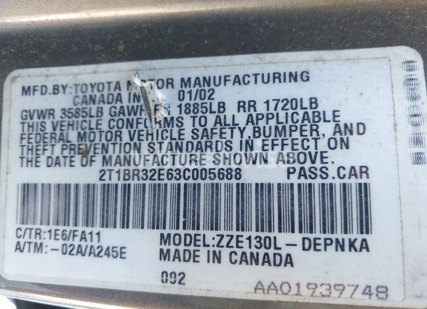 Photo 9 of 2003 Toyota Corolla LE (VIN 2T1BR32E63C005688)