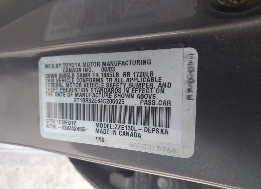 Photo 9 of 2004 Toyota Corolla S (VIN 2T1BR32E64C205925)