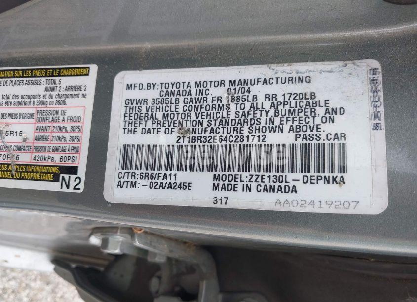 Photo 9 of 2004 Toyota Corolla LE (VIN 2T1BR32E64C281712)