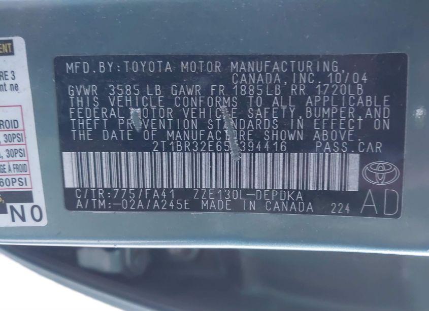 Photo 9 of 2005 Toyota Corolla CE (VIN 2T1BR32E65C394416)