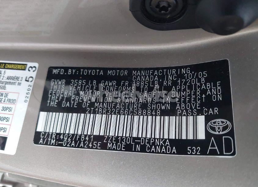 Photo 9 of 2006 Toyota Corolla LE (VIN 2T1BR32E66C588848)