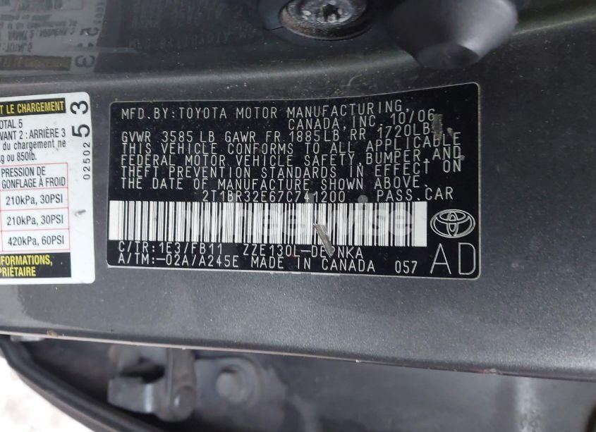 Photo 9 of 2007 Toyota Corolla LE (VIN 2T1BR32E67C741200)