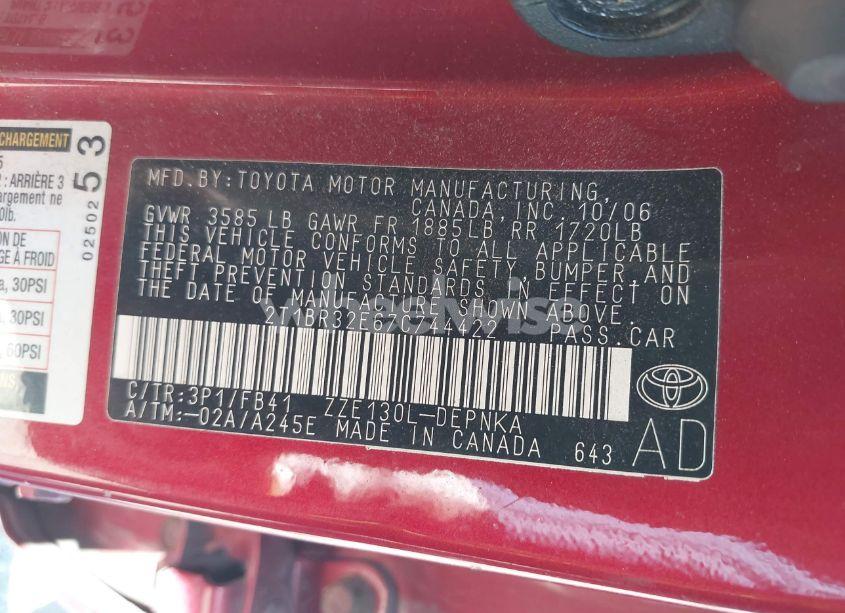 Photo 9 of 2007 Toyota Corolla LE (VIN 2T1BR32E67C744422)