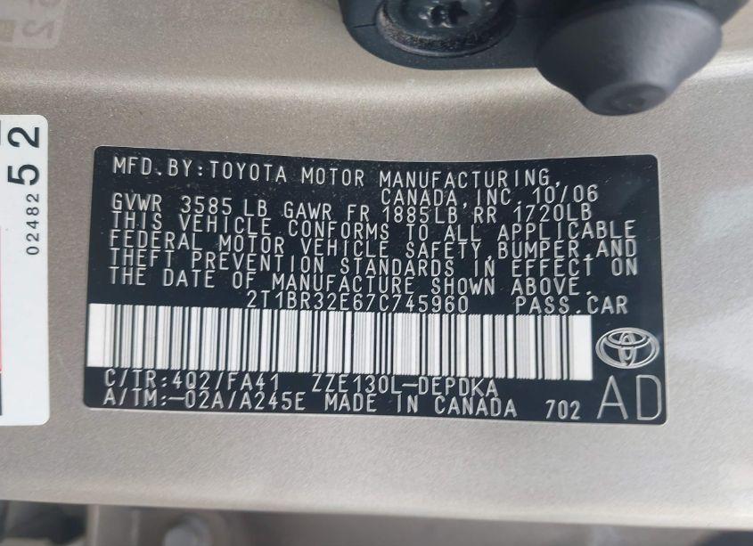 Photo 9 of 2007 Toyota Corolla CE (VIN 2T1BR32E67C745960)