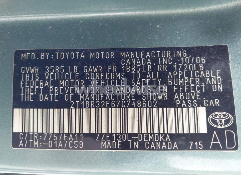 Photo 9 of 2007 Toyota Corolla CE (VIN 2T1BR32E67C748602)