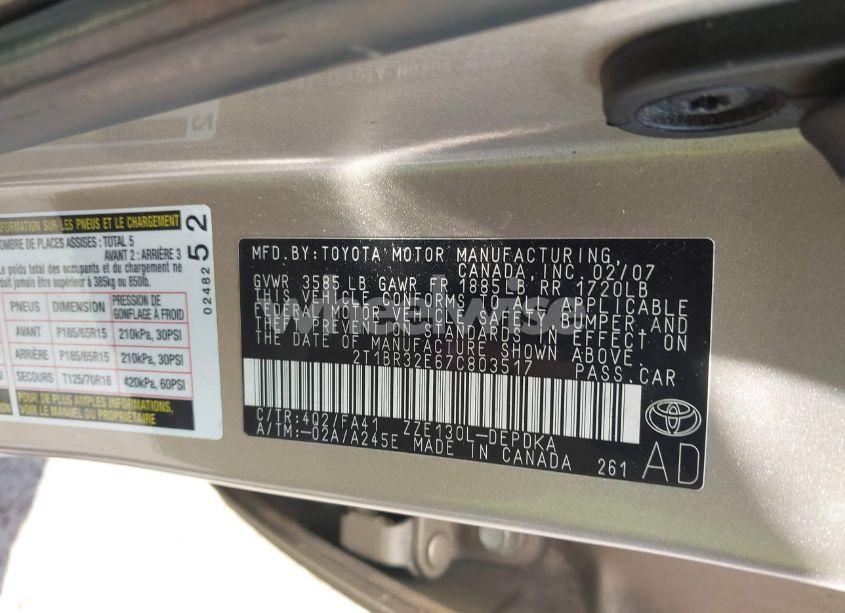 Photo 9 of 2007 Toyota Corolla CE (VIN 2T1BR32E67C803517)