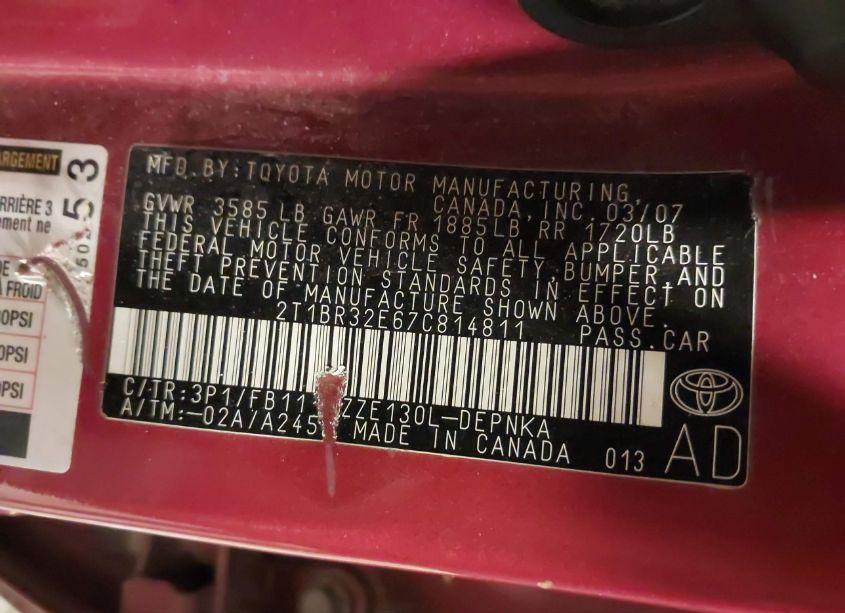 Photo 9 of 2007 Toyota Corolla LE (VIN 2T1BR32E67C814811)