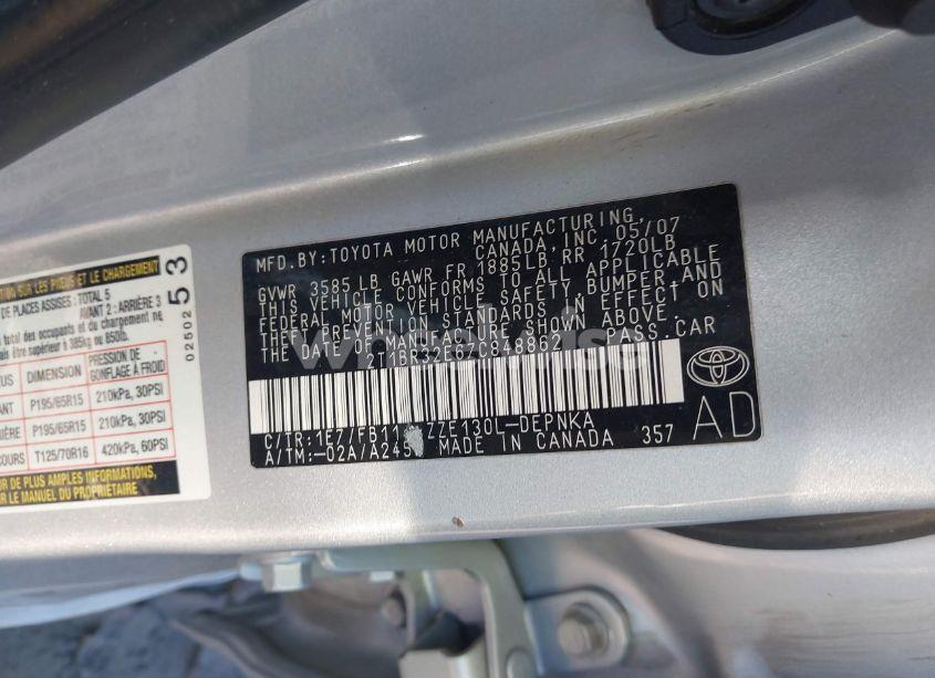 Photo 9 of 2007 Toyota Corolla LE (VIN 2T1BR32E67C848862)