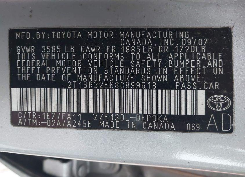 Photo 9 of 2008 Toyota Corolla CE (VIN 2T1BR32E68C899618)