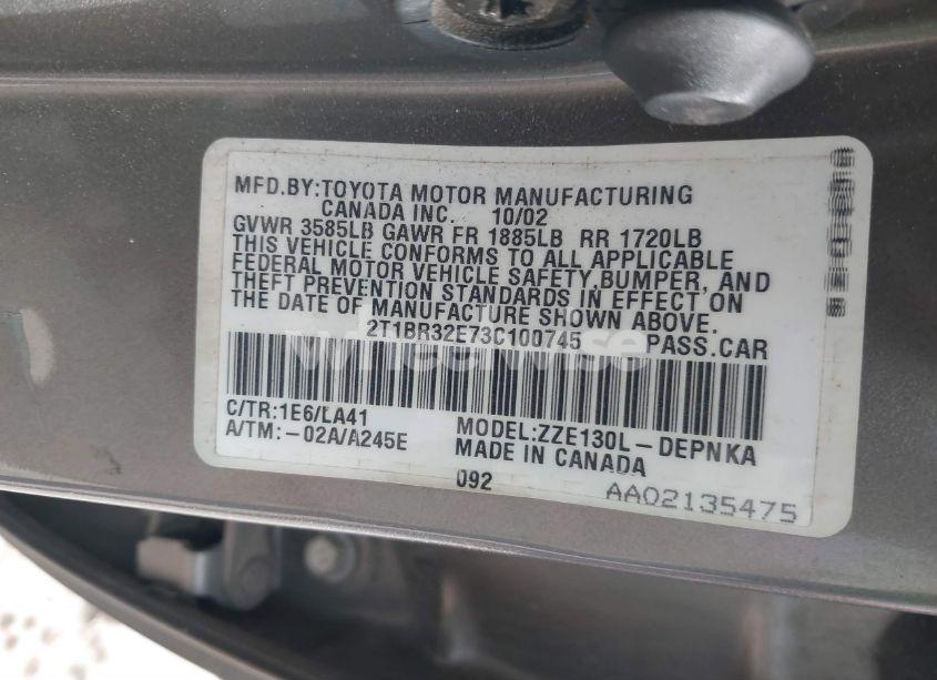 Photo 9 of 2003 Toyota Corolla LE (VIN 2T1BR32E73C100745)