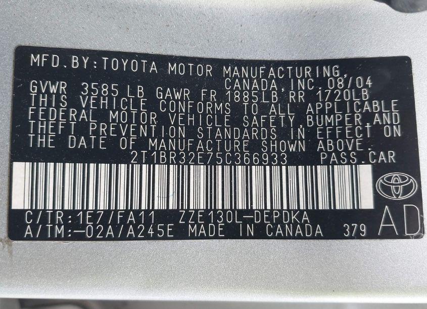 Photo 9 of 2005 Toyota Corolla CE (VIN 2T1BR32E75C366933)