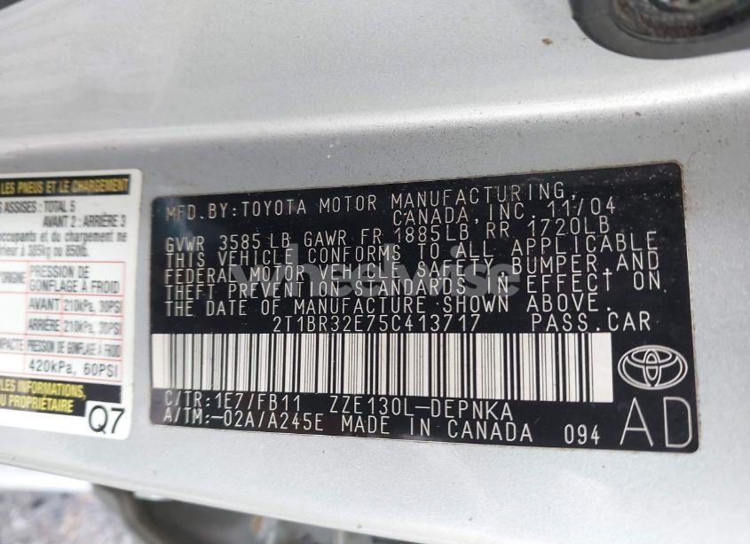 Photo 9 of 2005 Toyota Corolla LE (VIN 2T1BR32E75C413717)