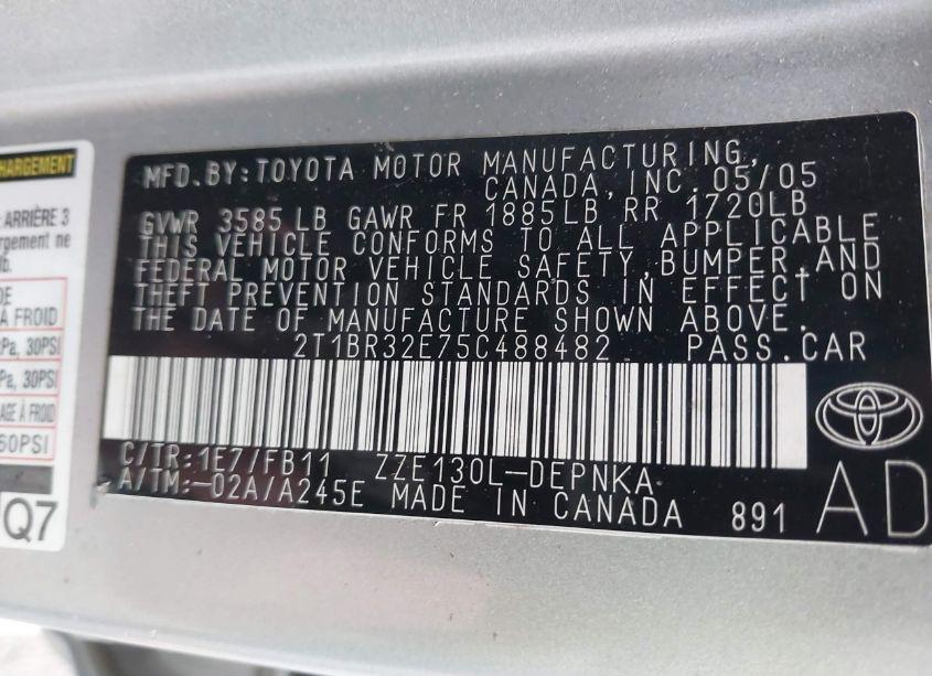 Photo 9 of 2005 Toyota Corolla LE (VIN 2T1BR32E75C488482)