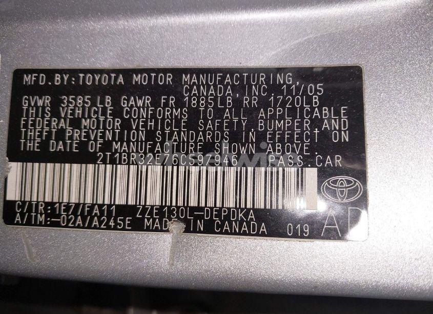 Photo 9 of 2006 Toyota Corolla CE (VIN 2T1BR32E76C597946)