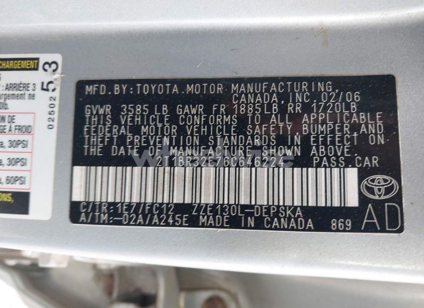 Photo 9 of 2006 Toyota Corolla S (VIN 2T1BR32E76C646224)