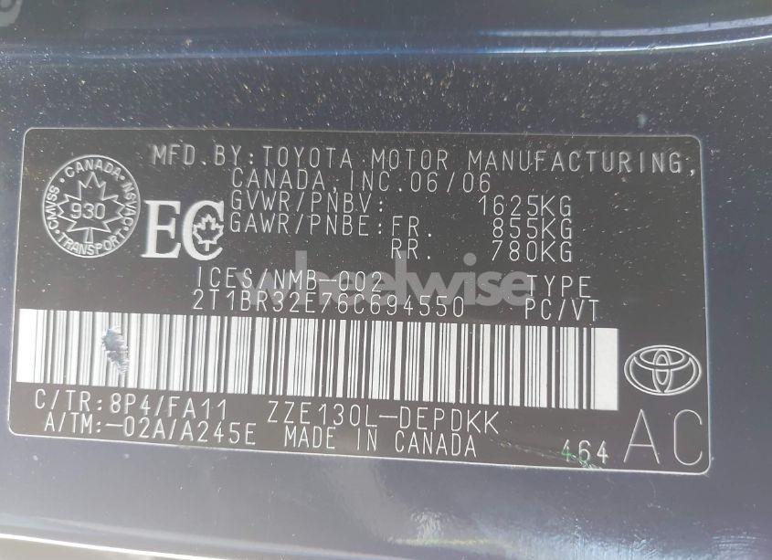 Photo 9 of 2006 Toyota Corolla CE/LE/SPORT (VIN 2T1BR32E76C694550)