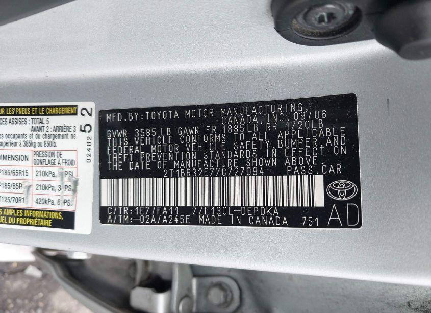 Photo 9 of 2007 Toyota Corolla CE (VIN 2T1BR32E77C727094)