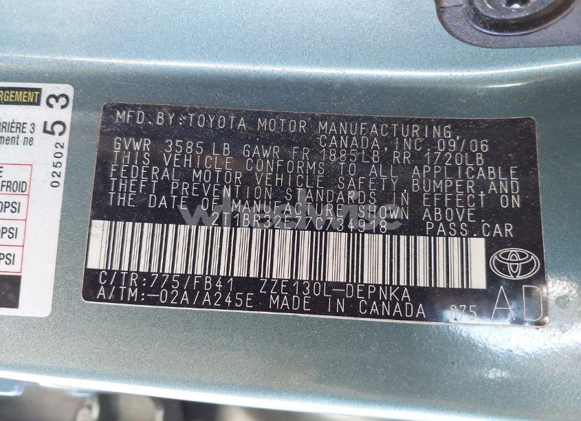 Photo 9 of 2007 Toyota Corolla LE (VIN 2T1BR32E77C734918)