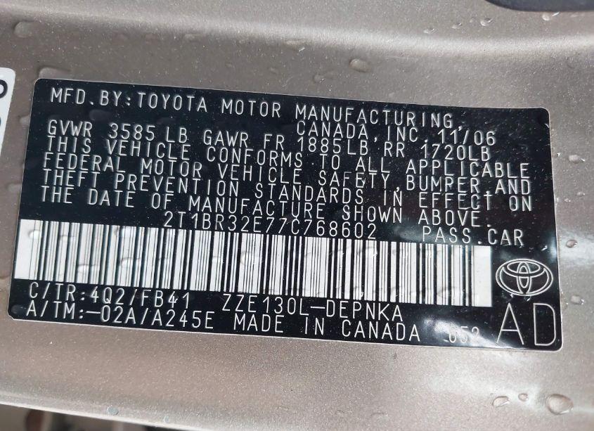 Photo 9 of 2007 Toyota Corolla LE (VIN 2T1BR32E77C768602)