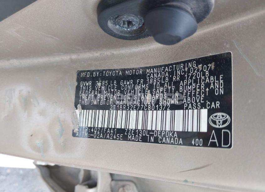 Photo 9 of 2007 Toyota Corolla CE (VIN 2T1BR32E77C801372)