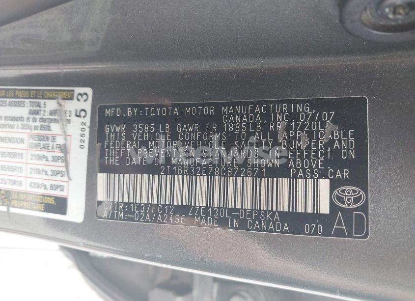 Photo 9 of 2008 Toyota Corolla S (VIN 2T1BR32E78C872671)