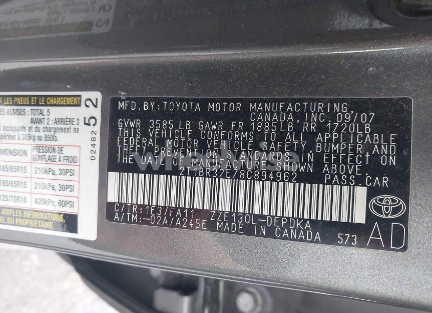 Photo 9 of 2008 Toyota Corolla CE (VIN 2T1BR32E78C894962)