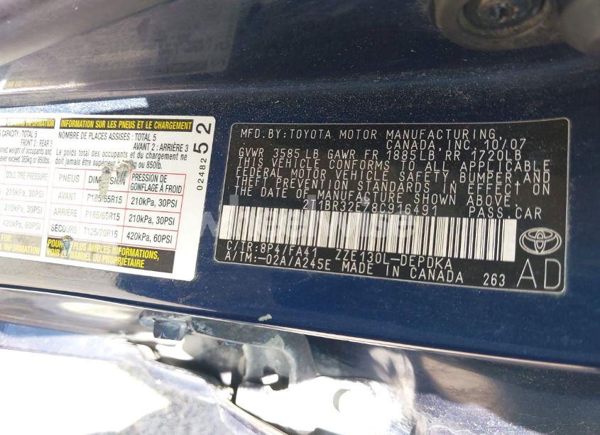 Photo 9 of 2008 Toyota Corolla CE (VIN 2T1BR32E78C916491)