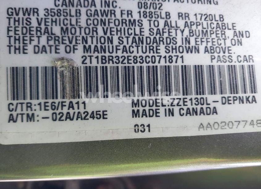 Photo 9 of 2003 Toyota Corolla LE (VIN 2T1BR32E83C071871)